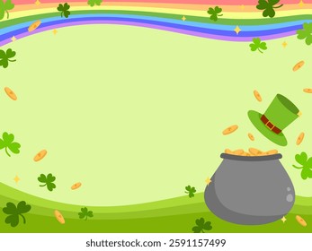 St. Patrick day border illustration decorated with rainbow curve, shamrock cover leaves, golden pot and leprechaun hat on green background