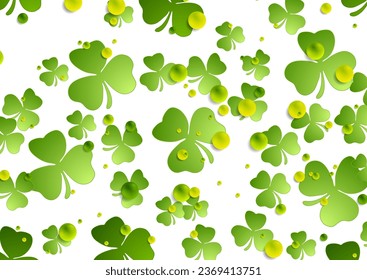 St Patrick Day bright abstract background with shamrock leaves and glossy drops. Vector design