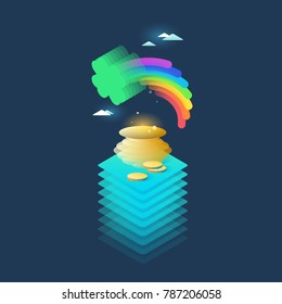 St Patrick day bright gradient illustration. Clover and pot with coins  vector cartoon, leprechaun treasure under the rainbow. 