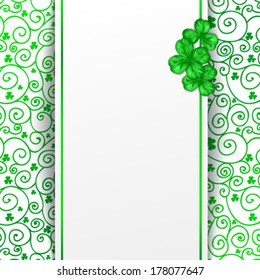St. Patrick day card, blank paper card decorated with three clovers on patterned background with spiral ornaments and clovers