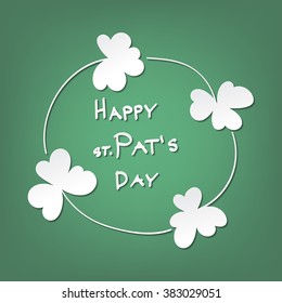 St. Patrick day card. Frame made of 4 clovers and lettering on green background.