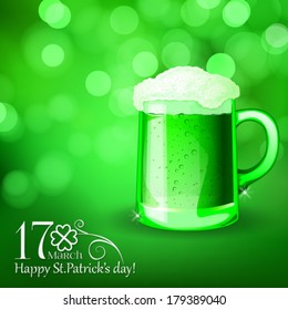 St. Patrick  day card, green beer with foam on beautiful spring bokeh background