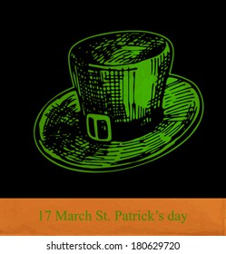  St. Patrick day card, hand- drawn green leprechaun hat on black  background with old paper texture