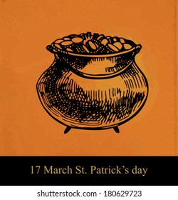  St. Patrick day card, hand- drawn pot full with gold coins  on orange background with old paper texture