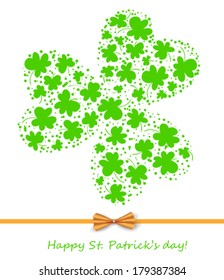  St. Patrick day card, many clovers forming one big three leaf clover and orange bow on white background