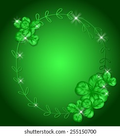 St. Patrick day card. Oval hand - drawn frame decorated with three and four leaf clovers on green gradient background.