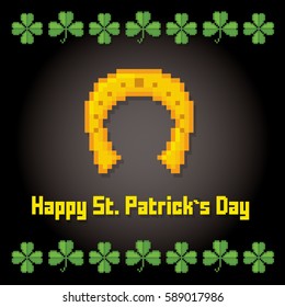 St Patrick day card. Pixel art. Old school computer graphic style. Games elements.