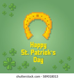 St Patrick day card. Pixel art. Old school computer graphic style. Games elements.