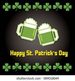 St Patrick day card. Pixel art. Old school computer graphic style. Games elements.