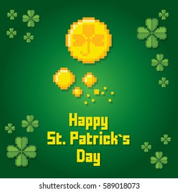 St Patrick day card. Pixel art. Old school computer graphic style. Games elements.