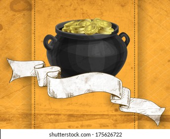 St. Patrick day card, pot full of gold, hand - drawn paper ribbon with space for text on orange background with old paper texture