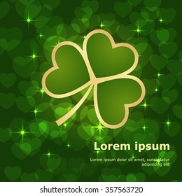 St Patrick Day card with shamrock leaf text frame on green bokeh background. vector illustration