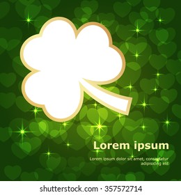 St Patrick Day card with shamrock leaf text frame on green bokeh background. vector illustration