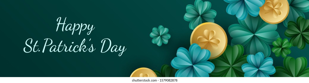 St. Patrick day card template. 3d frame. Clover leaves. Horizontal banner decorated Paper cut shamrocks and golden coins. Typography Backdrop. Lucky trefoil confetti. Irish holiday. Elegant Sale card 