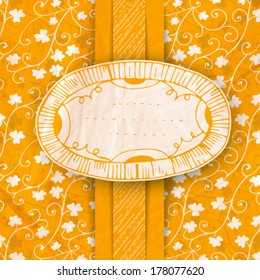 St. Patrick day card, white paper label with drawings,orange ribbon and hand - drawn floral pattern with clovers on background, old crumpled paper texture