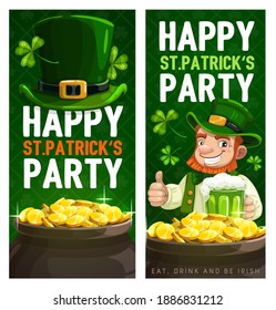 St. Patrick Day cartoon vector banners with leprechaun in green top hat show thumb up drinking ale near pot with gold and shamrocks. Ireland beer Saint Patricks day traditional festival, celtic party