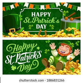 St. Patrick Day cartoon vector banners with leprechaun in green top hat sitting on gold coins pile with horseshoe, shamrocks and drum. Ireland Saint Patricks day traditional festival, celtic party