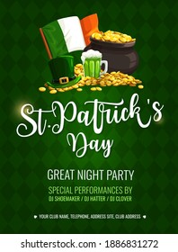 St. Patrick Day Cartoon Vektor Poster mit oberem Hut, Pint von Ireland ale, Leprechaun Topf mit Gold und nationale irische Flagge. Briefe auf grünem, braunem Hintergrund. Einladung zum St. Patricks Day