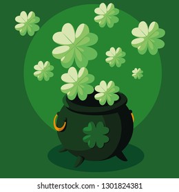 st patrick day with cauldron and clovers