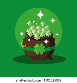 st patrick day with cauldron and clovers