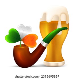 St. Patrick Day celebration badge with beer, irish clover leaves and smoking pipe elements