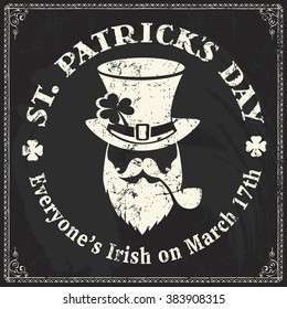 st patrick day chalkboard vector template for greeting card or poster of whiskey laughing st patrick's day with elf as seal of vacation on blackboard scene st patrick day chalkboard laughing english h