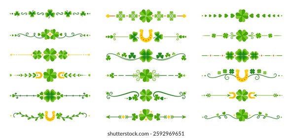 St Patrick day clover borders and dividers with green shamrocks, vector decorations. Irish ornament with clovers, golden horseshoe and arrows for flourish frame borders on Saint Patrick holiday