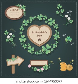 St. Patrick Day. Clover of a trefoil, gold coin motif.Icon set to decorate.