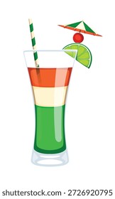 St Patrick Day cocktail drink with Irish flag colors for holiday, cartoon vector. Happy Saint Patrick Day sweet drink or beverage with Ireland flag colors and drinking straw for juicy soda drink