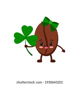 St Patrick day coffee bean girl with hair bow icon isolated on white background. Coffee grain character with irish lucky charm trefiol clover shamrock. Flat design cartoon style vector illustration