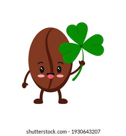 St Patrick day coffee bean boy icon isolated. Coffee grain character with irish lucky charm trefiol clover shamrock. Flat design cartoon style vector illustration