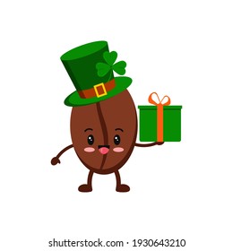 St Patrick day coffee bean icon isolated on white background. Coffee grain smilling character in leprechaun hat with shamrock clover and gift. Flat design cartoon style mascot vector illustration.