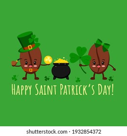 St Patrick day coffee beans in leprechaun costume, pot with gold, clover. Coffee grain smilling character in leprechaun hat with shamrock clover and cauldron. Flat design cartoon vector illustration.