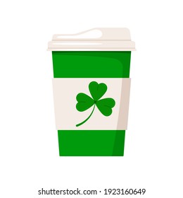 St Patrick day coffee cup with shamrock. Hot drink coffee or tea take away cafe mug with good luck irish charm trefoil clover isolated on white background. Vector flat coffee to go cup icon.