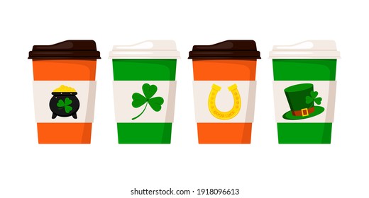 St Patrick Day Coffee Or Tea Cups. Hot Drink Mug With Good Luck Irish Charm Clover, Horseshoe, Cauldron With Gold Coins, Leprechaun Hat Isolated On White Background. Vector Flat Coffee To Go Cups Set.