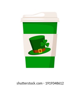 St Patrick day coffee or tea cup to go. Hot drink mug with good luck irish green leprechaun hat with shamrock clover isolated on white background. Vector flat design cartoon style coffee to go cup.