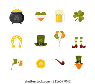 St. Patrick day collection. Cute festive elements. Vector illustration in flat cartoon style. Hand drawn icons for irish holiday.