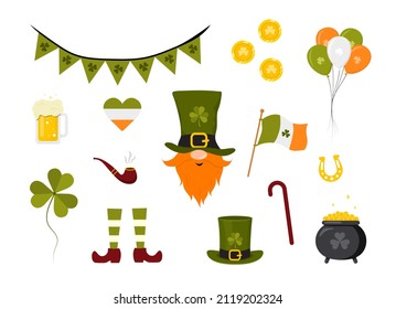 St. Patrick day collection. Cute festive elements. Vector illustration in flat cartoon style. Hand drawn icons for irish holiday.