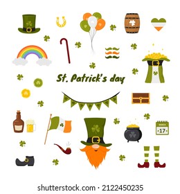 Colección del día de San Patricio. Elementos festivos agradables. Ilustración vectorial al estilo de las caricaturas planas. Iconos dibujados a mano para festividades irlandesas.