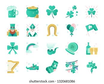 St. Patrick day color icon set. Included icons as shamrock, clover leaf,  celebration, holiday, party and more.
