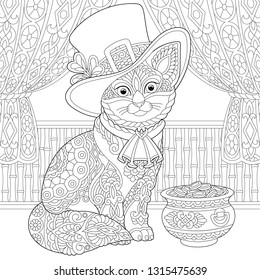 St. Patrick Day coloring page. Colouring picture with cat in leprechaun costume. Freehand sketch drawing for zentangle adult coloring book.