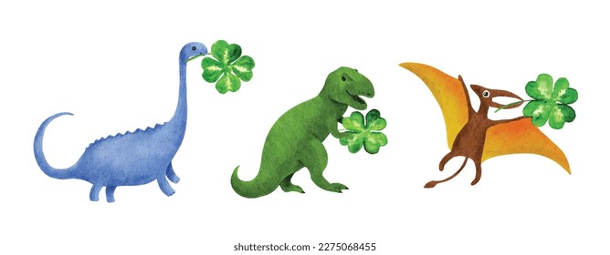 St Patrick day comic dinosaurs with happy four leaves clover. Odd funny watercolor vector. Celtic character dino set for unusual irish design