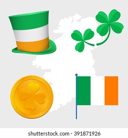 st Patrick day congratulation signs objects hat, clovers leafs, irish flag and gold coin money, symbols of rich, wealth and good luck