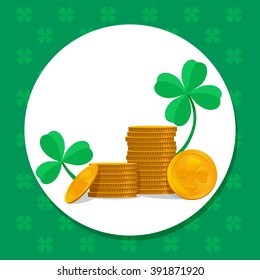 st Patrick day congratulation stack of gold coins with clover leafs four vector illustration for a card or banner and label, holiday sign green hat in circle on color background with clover leafs