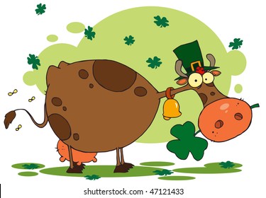 St. Patrick Day Cow with Shamrocks in Mouth and Hat