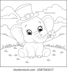 St Patrick day Cute Elephant  Line art  Coloring page