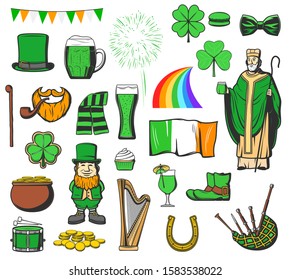 St Patrick day decorations and green icons. Vector Saint Patrick holiday symbols, Ireland flag, leprechaun golden coins in cauldron, beer and lucky clover with horseshoe, Irish bagpipes and rainbow