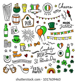 St. Patrick Day doodle illustrations. Hand drawn holiday party objects about Ireland