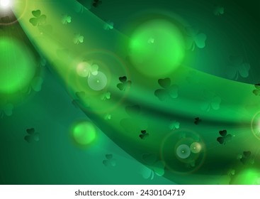 Saint-Patrick Jour émeraude, arrière-plan abstrait vert émeraude avec feuilles de shampooing, vagues et lumières scintillantes. Création vectorielle