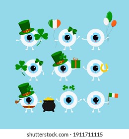 St Patrick day eye icon set isolated.  Eyeball character with irish photo booth props - pot, flag, horseshoe, clover, pipe, leprechaun hat, shamrock. Flat design cartoon style vector kids illustration